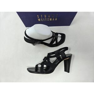 STUART WEITZMAN BLACK LEATHER ELASTIC STRAPPY BASILISK HEELED SANDAL SIZE 8.5M